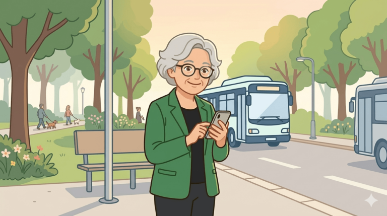 Oma Erla steht an der Haltestelle, schaut auf den Fahrplan auf dem Smartphone. Ein Bus kommt