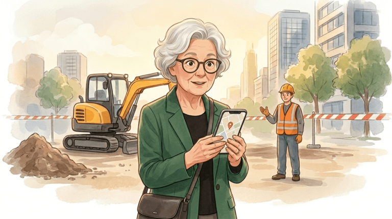 Illustration einer Frau mit grauer Lockenfrisur und Brille, die ein Smartphone mit einer Karten-App hält – im Hintergrund ein Bagger und ein Bauarbeiter mit Schutzweste