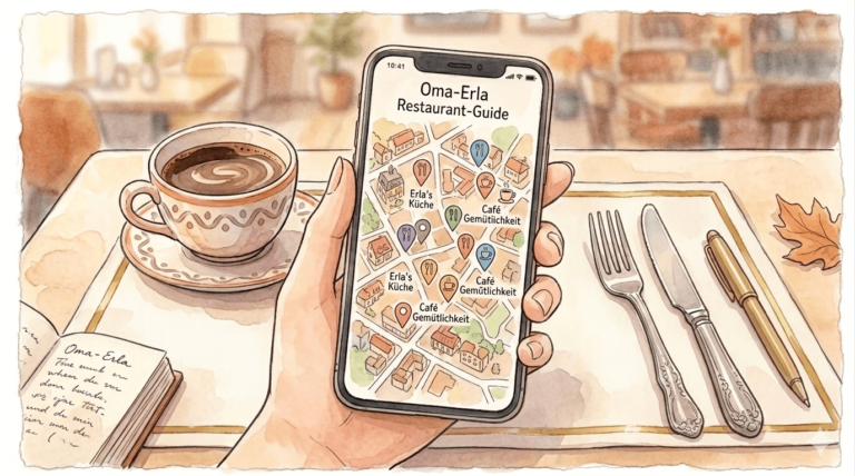 Eine Hand hält ein Smartphone mit der Oma-Erla Restaurant-Guide App. Das Display zeigt eine illustrierte Karte mit Restaurant-Markierungen, Café-Symbolen und Ortsmarkern. Neben dem Smartphone liegen eine gemütliche Kaffeetasse mit Untertasse, Besteck und ein aufgeschlagenes Notizbuch mit Oma Erlas handschriftlichen Notizen auf einem Holztisch. Im Hintergrund verschwimmt eine altstädtische Kulisse.
