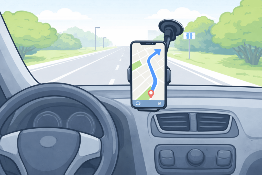 Smartphone im Halter an der Windschutzscheibe zeigt Navigations-Karte während der Fahrt