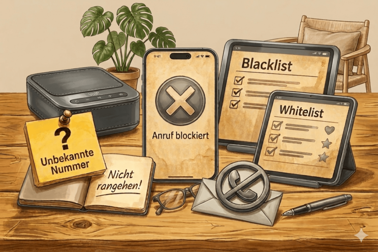 Unbekannte Anrufe blockieren auf dem Smartphone – Illustration mit Sperrsymbol, Blacklist und Hinweis „Nicht rangehen“