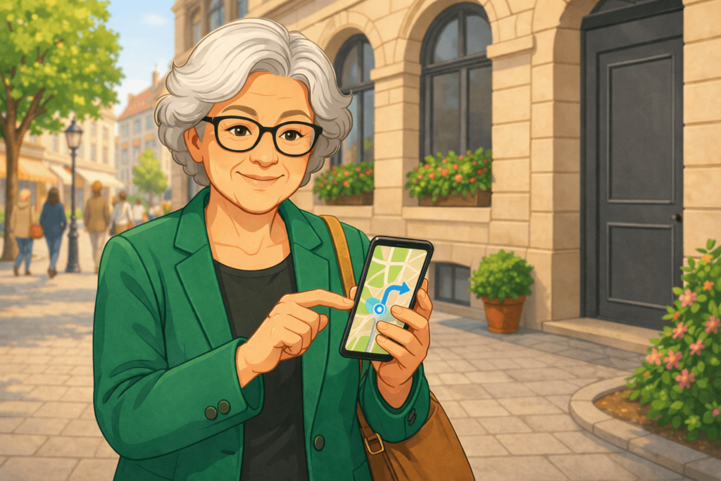 Person hält Smarphone mit Kartenansicht und sucht Eingang eines Gebäudes