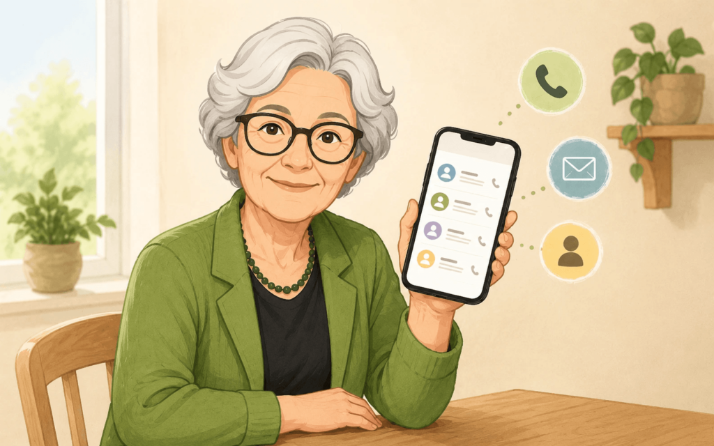 Oma Erla hält ein Smartphone mit einer Kontaktliste und zeigt Symbole für Telefon, E-Mail und Kontaktinformationen.