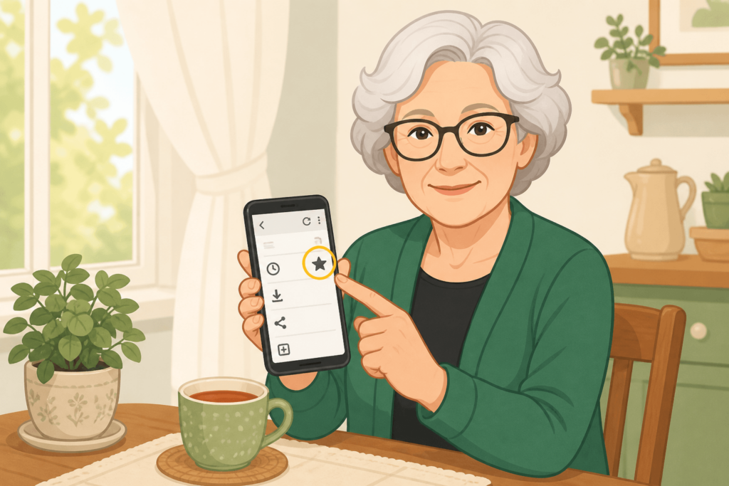 Smartphone-Bildschirm mit geöffnetem Browser-Menü zum Speichern eines Lesezeichens