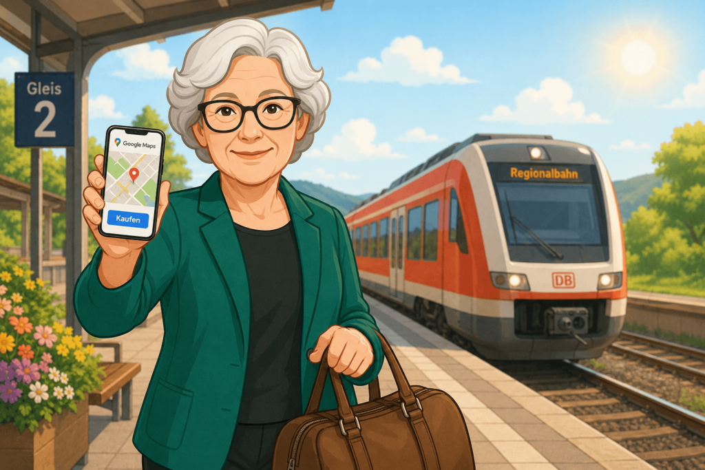Oma Erla steht lächelnd mit Reisetasche am Bahnsteig und zeigt ihr Smartphone mit einer Kartenansicht und einem Kaufen-Button, während im Hintergrund ein Regionalzug einfährt.